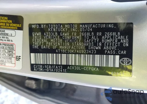 2004 Toyota Camry Xle from USA, damaged, VIN 4T1BE30K74U923423